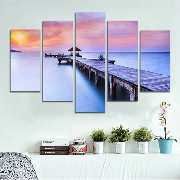 Modern Landscape Painting on Canvas 5 Piece, Sunset Sea Pictures Wall Art for Living Room Home Decor Wooden Framed Stretched Ready to Hang