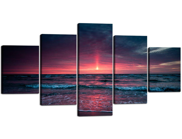 Yatsen Bridge 5 Panel Canvas Wall Art Red Sunset Aurora Appears in The Ocean Seaview Painting,Modern Seascape Wall Pictures Living Room Home Decor Prints Posters Stretched Framed (60''W x 32''H)