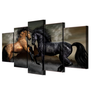 5 Panel Extra Large Wall Art Black Friesian Running Horse Trot On Mountain Cloud Painting Pictures Print On Canvas Animal The Picture For Home Modern Decoration