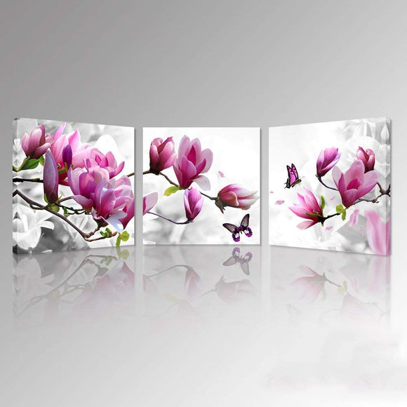 Magnolia Blossom Time Stretched Canvas Prints - Beautiful Flowers Picture Art Prints - Romantic Flora Canvas Art Modern Home Decoration Wall Painting Set of 3-Wooden Framed Ready to Hang(48''Wx16''H)