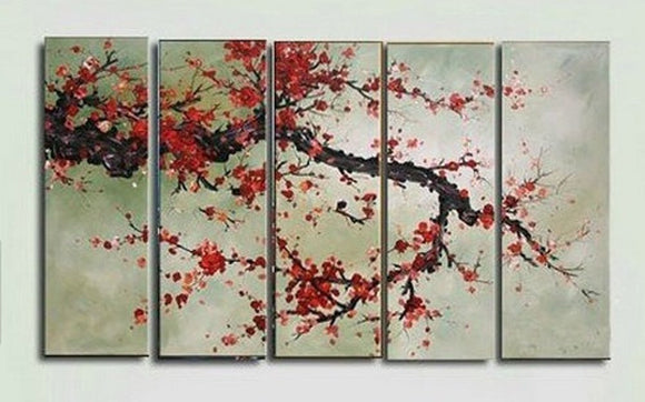 Oil Painting Handpainted Modern Abstract Cherry Blossom Wall Art Paintings 5pcs on Canvas for Living Room Home Decor Framed, Black White Red (24Wx40L/inch)