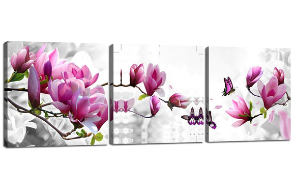Butterfly Canvas Magnolia Blossom Prints Flowers Picture 3 Piece Art Prints Romantic Flora Canvas Art Modern Home Decoration Wall Painting -Wooden Framed Stretched Ready to Hang (35