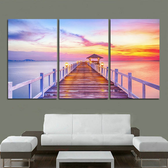 Sunset Sea Painting on Canvas 3 Piece, Modern Landscape Pictures Wall Art for Living Room Home Decor Wooden Framed Stretched Ready to Hang
