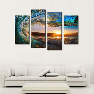 Modern Beach Ocean Wave Pictures Painting on Canvas 4 Piece, Sunset Landscape Pictures Wall Art for Living Room Home Decor Wooden Framed Stretched Ready to Hang (40x32 Inch)