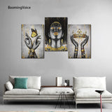BoomingVoice - Black Pretty Fashion Girl Canvas Print Picture for Bathroom Gold Crown Jewelry Wall Decor Artwork Gallery-Wrapped African Canvas Print Poster Modern Home Artwork Giclee Art Ready to Hang - 36"WX16"H