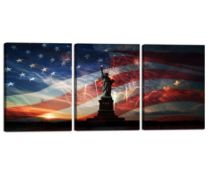 Contemporary 3 Panel Wall Art USA Flag Prints and Posters on Canvas Painting American Flag with Statue of Liberty Fireworks Home Decoration Wall Pictures Frame,Ready to Hang 12''W x 16''H x 3