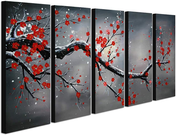 Handpainted Modern Landscape Wall Art Beautiful Flowers Floral Artwork for Living Room Home Decor Oil Paintings on Canavs 5 Panels Framed Stretched Ready to Hang Red Plum Blossom Tree Picture