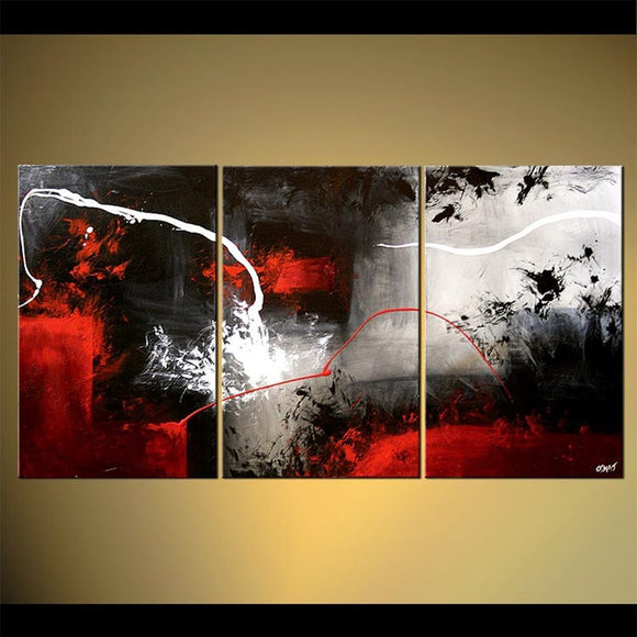 Handpainted 3 Piece Black White Red Modern Abstract Oil Paintings on Canvas Pictures Wall Art for Living Room Home Decor Framed (28Wx48L inch)