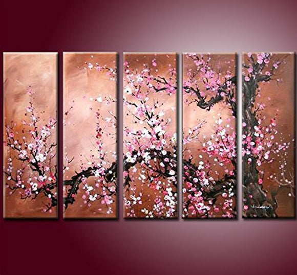 Handmade Modern Abstract Cherry Blossom Tree Wall Art Picture 5pcs Oil Paintings on Canvas for Living Room Home Decor Framed, Pink (60''x36'')