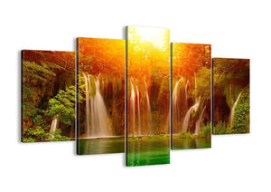 Waterfall Modern Landscape Painting 5 piece canvas,Sunrise HD Prints Cliff Pictures Green Trees Giclee Artwork Wall Art for Living Room Home Decor Wooden Framed Stretched Ready to Hang