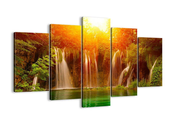 Waterfall Modern Landscape Painting 5 piece canvas,Sunrise HD Prints Cliff Pictures Green Trees Giclee Artwork Wall Art for Living Room Home Decor Wooden Framed Stretched Ready to Hang(50''Wx24''H)
