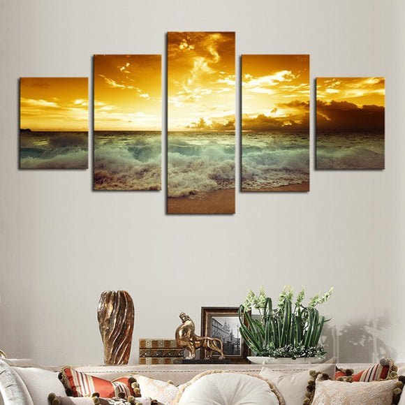 Modern Beach Painting, Beautiful Large Size Sunset Landscape Ocean Pictures Framed Stretched, for Living Room Home Decor Posters and Prints Seascape Wall Art Painting on Canvas 5 Piece