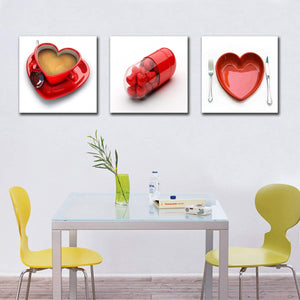 Sweat Red Heart Painting on Canvas 3 Piece Wall Art Coffee Cup HD Prints Plate Drug Image Home Decor Framed Ready to Hang - Modern Artwork Contemporary Pictures for Kitchen Dining