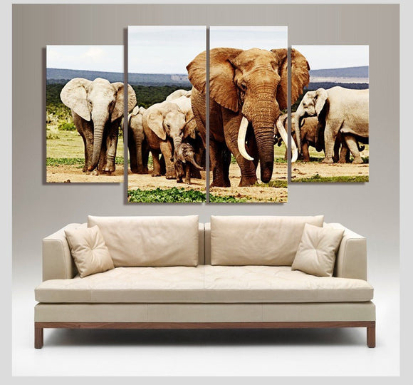 Modern Wall Art 4 piece Painting on Canvas Poster and Prints Wild Elephant Pictures for Living Room Home Decor Stretched Ready to Hang