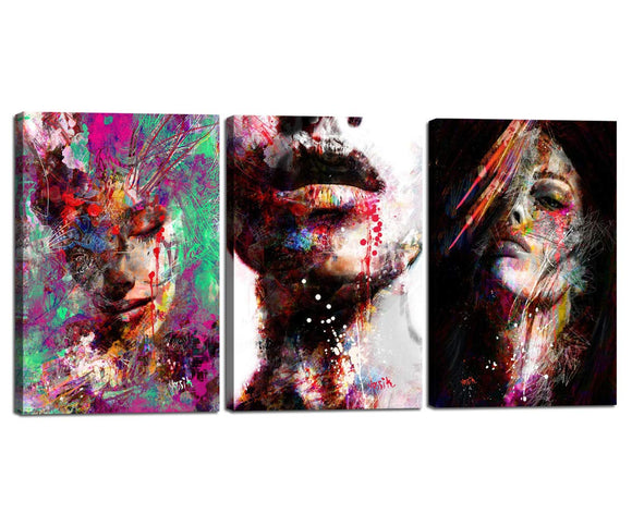 YONEYAN Wall Art Canvas Framed Waterproof Home Decor Abstract Painting for Living Room Woman Color Face Pictures Posters Print Art 3 Panels Wall Decor Gallery-Wrapped Stretched 16