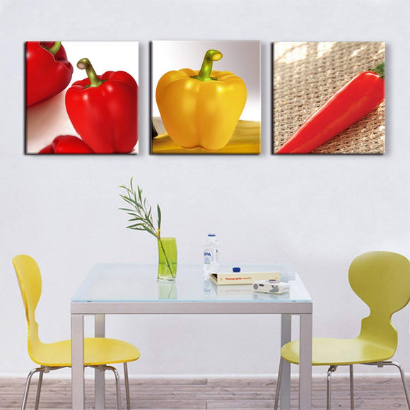 Green Yellow and Red Painting 3 PCS canvas, Hot Pepper HD Prints Pictures Giclee Artwork Wall Art for Dinning Room Kitchen Home Decor Wooden Framed Stretched Ready to Hang