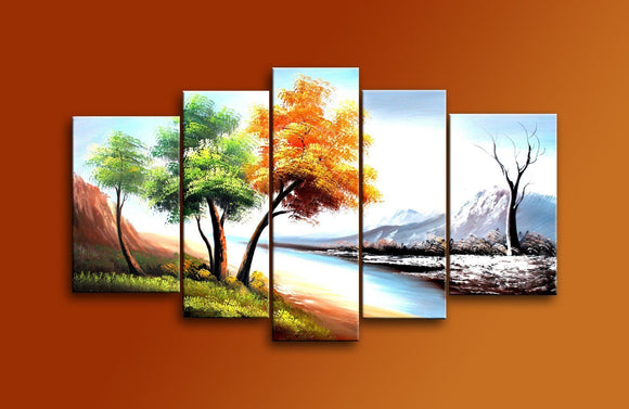 Hand Painted Modern Oil Paintings on Canvas Wall Art 5 Piece Big Landscape Trees Pictures Framed Streched Ready to Hang