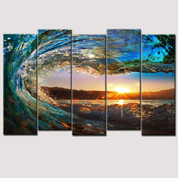 Painting on Canvas 5 Piece, Beach Ocean Wave Pictures Modern Landscape Sunset Wall Art for Living Room Home Decor Wooden Framed Stretched Ready to Hang (40x32 Inch)