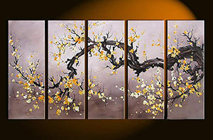 Modern Abstract Yellow and White Blossom Black Tree Grey Background Wall Art Picture 5 panel Oil Paintings on Canvas Handmade for Living Room Home Decor Framed Blooming Life Artwork