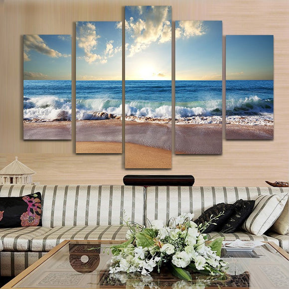 Modern Landscape Painting on Canvas 5 Piece, Beach Ocean Pictures Wall Art for Living Room Home Decor Wooden Framed Stretched Ready to Hang