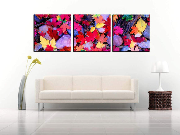 Colorful Leaves Stone Modern Painting 3 PCS canvas Red Yellow Wall Art HD Prints Pictures Giclee Artwork Wall Art for Living Room Home Decor Wooden Framed Stretched Ready to Hang(48''Wx16''H)