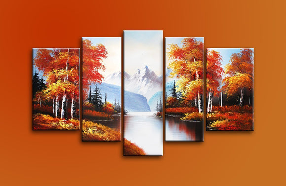 100% Hand Painted Modern Oil Paintings on Canvas Wall Art 5 Piece Black White Red Large Landscape Trees Pictures Framed