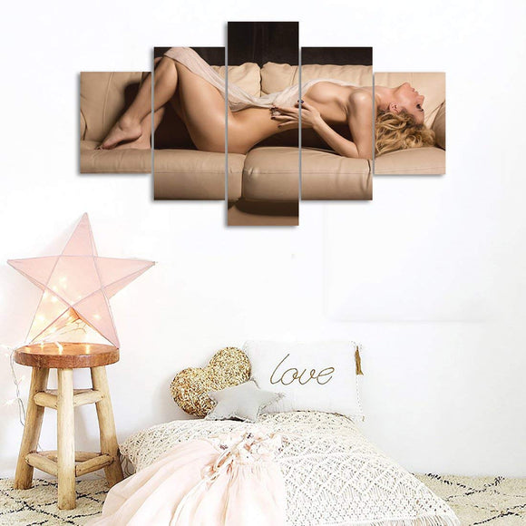 Wall Art Sexy Nude Woman Pictures Posters Sexy Pose Lying on Sofa Canvas Oil Painting 5 Piece Wall Decor for Living Room Prints Wooden Framed Stretched Ready to Hang (50''Wx24''H)
