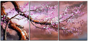 Hand painted Oil Paintings on Canvas 3 Piece Home Decor Modern Wall Art Cherry Blossom Tree Pictures for Living Room Bedroom Kitchen Office, Gallery Wrap Framed Stretched Ready to Hang(60''Wx28''H)