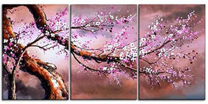 Hand Painted Pink Plum Blossom Tree 3 piece Gallery-wrapped Canvas Blooming life Oil painting Cherry Blossom Tree Wall Art Set Home Decor (48''Wx24''H)