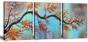 Modern Romantic Flora Flower Painting Prints on Canvas Orange Plum Blossom 3-Piece Gallery-Wrapped Framed Wall Art Ready to Hang for Living Room for Home Decoration (36''Wx16''H)
