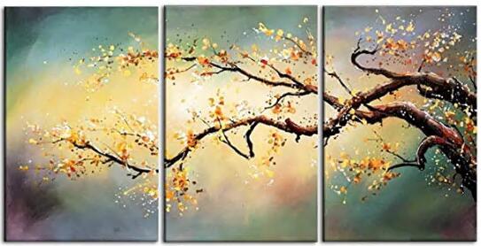 Cherry Blossom Oil Paintings on Canvas 3 Piece Handmade Home Decor Modern Wall Art Tree Pictures for Living Room Bedroom Kitchen Office, Gallery-Wrap Framed Stretched Ready to Hang(48''Wx24''H)