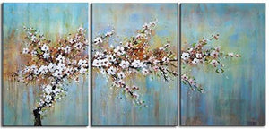 Handmade Oil Painting Plum Blossom Picture white Pink Flora Artwork on Canvas 3 Piece Home Decor Modern Flower Wall Art for Living Room,Gallery-Wrap Framed Stretched Ready to Hang(72''Wx36''H)