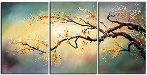 Handmade Oil Painting on Canvas 3 Panel Home Decor Yellow Pulm Blossom Wall Art Romantic Flora Flower Pictures for Living Room Bedroom Office, Gallery-Wrap Framed Stretched Ready to Hang(72''Wx36''H)