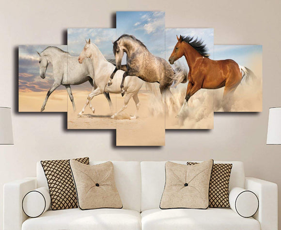 5 Panel Wall Art Extra Large Black Friesian Running Horse Trot On The Field Painting White Cloud Pictures Print On Canvas Animal The Picture For Home Modern Decoration piece