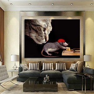Modern Posters and Prints Printed Animal Cat and Mouse Cute Picture Wall Art on Canvas for Living Room Home Decor Hotel, Framed and Stretched Ready to Hang (32''x40'')