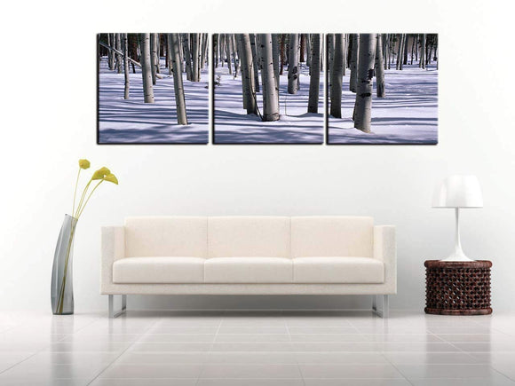 Trees in the White Snow Modern Painting 3 piece canvas art, HD Prints Pictures Giclee Artwork Wall Art for Living Room Home Decor Wooden Framed Stretched Ready to Hang(48''Wx16''H)