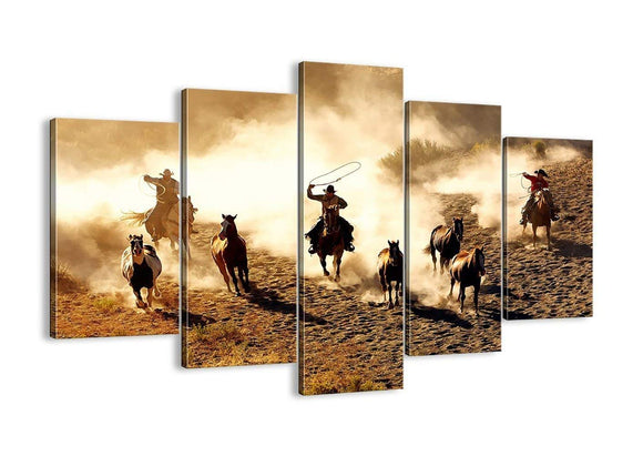 5 Panel Retro Canvas Wall Art Extra Large Horse Bull Running in the Desert Cowboy Grazing Painting Prints Framed Ready to Hang-Giclee Prints Fine Art for Home and Office Decoration