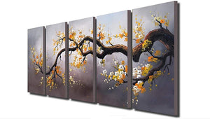 Modern Abstract Plum Blossom Tree Wall Art Picture 5 Panel Oil Paintings on Canvas Handmade Artwork for Living Room Yellow and White Flower Froal Home Decor Framed Blooming life Multi piece