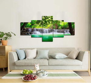 Waterfall Canvas Dreamlike Green Tree Leaves Wall Art Modern Landscape 5 piece Painting,HD Prints Pictures Giclee Artwork for Living Room Home Decor Wooden Framed Stretched Ready to Hang
