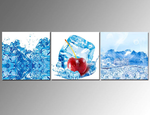 3 Piece Canvas Cherry with Ice Painting Navy Blue Wall Art,HD Prints Fresh Food and Fruit Pictures Giclee Artwork Wall Art for Living Room Home Decor Wooden Framed Stretched Ready to Hang