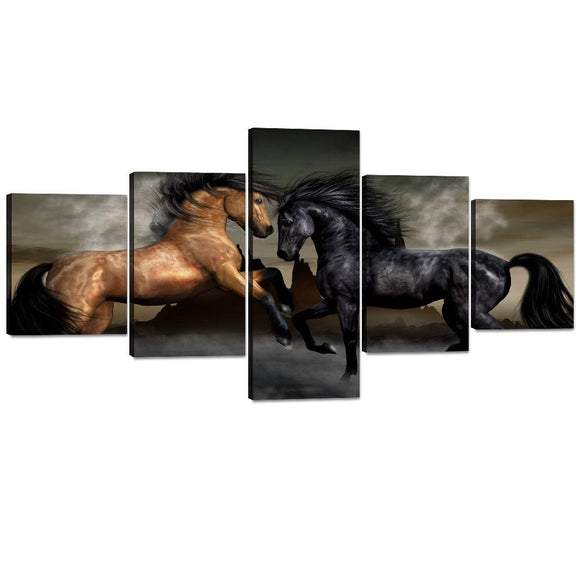 5 Panels Canvas Black Horses Painting Wall Art Prints and Poster Animals Painting for Living Room Home Decor Animal Pictures Print Giclee Modern Wooden Framed Ready to Hang for Indoor (50''W x 24''H)