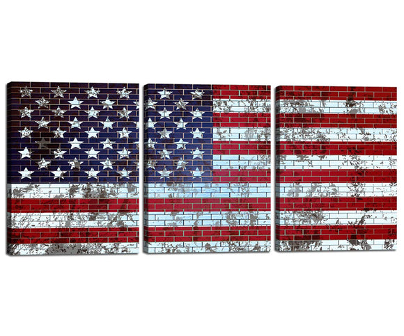 American Flag The Picture Print On Canvas Modern 3 Piece Prints and Posters Brick Home Decor Wall Pictures Patriotic Canvas Wall Art Painting Stretched Gallery-wrapped,Wooden Framed 12''W x 16''H x 3