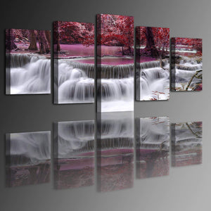 Waterfall Modern Landscape Painting 5 panel canvas, Dreamlike Red Maple Leaves HD Prints Pictures Giclee Artwork Wall Art for Living Room Home Decor Wooden Framed Stretched Ready to Hang(60''Wx32''H)
