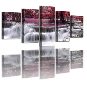 Dreamlike Red Waterfall Modern Landscape Painting 5 piece canvas, Maple Leaves HD Prints Pictures Giclee Artwork Wall Art for Living Room Home Decor Wooden Framed Stretched Ready to Hang