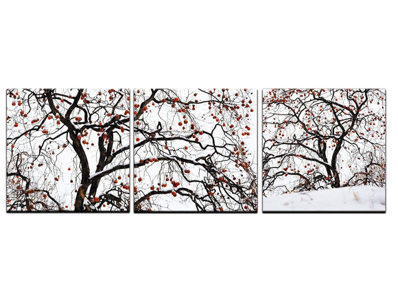 Tree in the Winter Canvas Modern Painting 3 piece wall art, Black and White Red HD Prints Pictures Giclee Artwork Wall Art for Living Room Home Decor Wooden Framed Stretched Ready to Hang(48''Wx16''H)