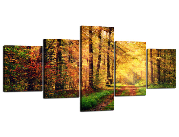 Ophelia Art Modern Decor Canvas Prints Painting of Warm Light Illumining The Gold Foliage and A Footpath Leading into The Scene of 5 Panels/5 Pieces Pictures Ready to Hang(60''Wx32''H)