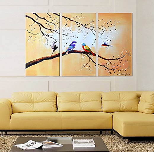 Hand Painted 3 Piece Modern Abstract Oil Paintings on Canvas Tree Birds Pictures Wall Art for Living Room Home Decor Framed, Yellow (42Wx32L inch)