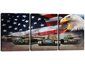 Wall Art Home Office Decorations 3 Panels Combination Modern Print Artwork American Flag Tanks Eagle Canvas Painting Living Room Decor Stretched Framed 12''W x 16''H x 3