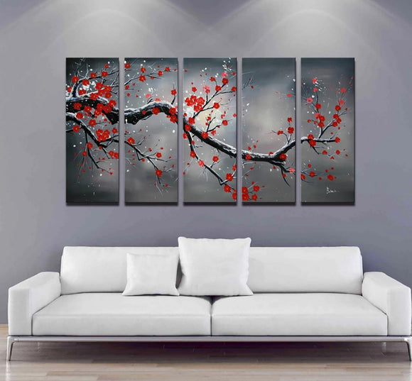 Handpainted Modern Cherry Blossom Painting, Wall Art Tree Picture 5 piece Oil Paintings on Canvas for Living Room Home Decor Framed Stretched