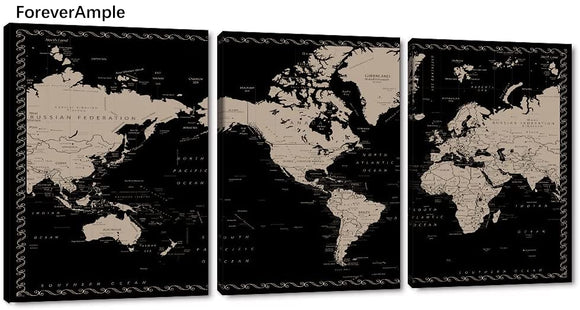 ForeverAmple - 3 Panels Black Background World Map Canvas Wall Art Modern Home Canvas Painting Canvas Wall Decor Poster Framed and Stretched Bedroom Wall Artwork Giclee Art Ready to Hang - 36